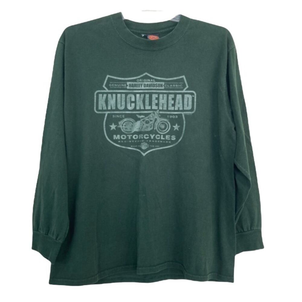 Harley Davidson Knucklehead Green Long Sleeve Graphic Shirt Sz L Made in USA